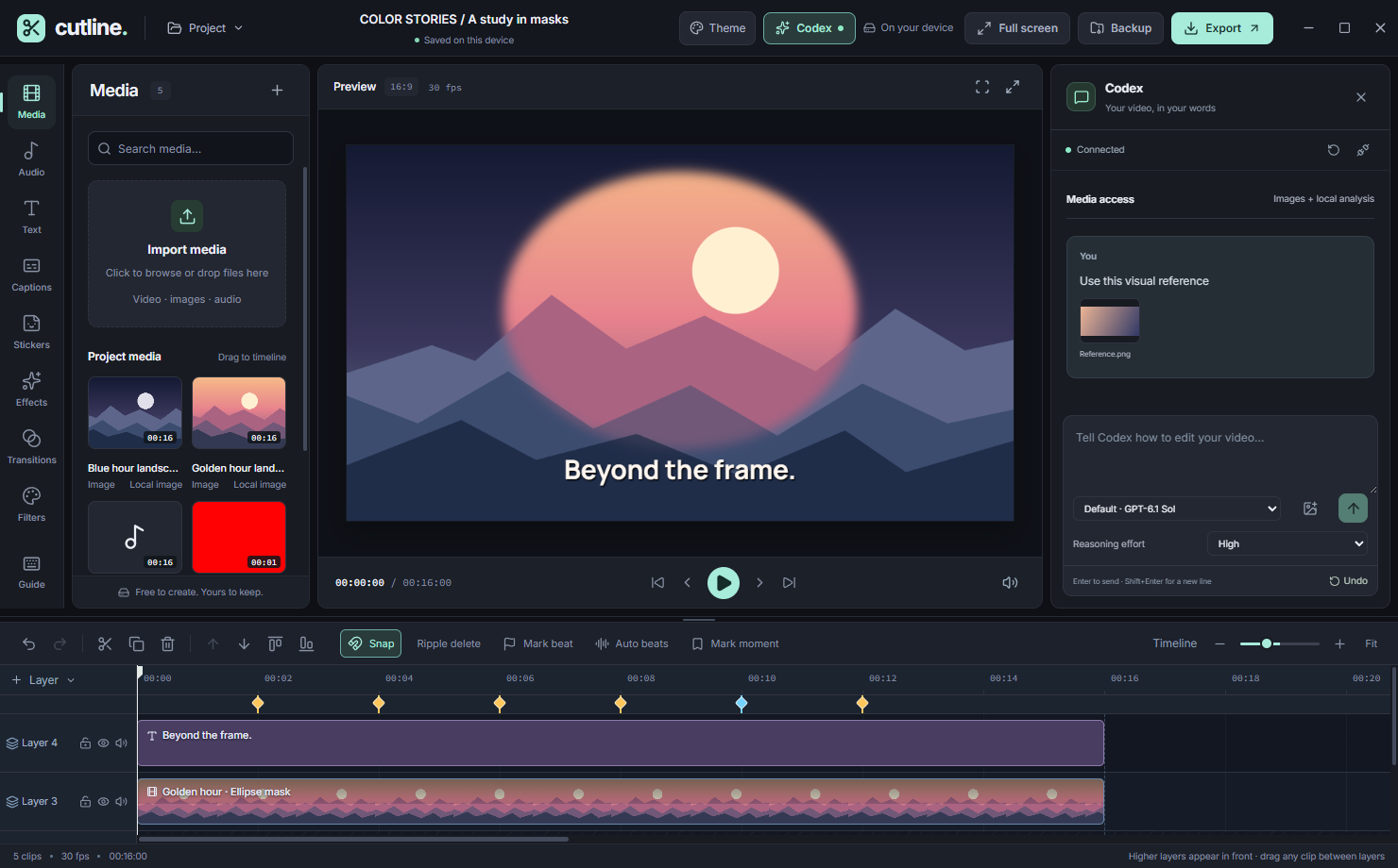 Codex editing panel alongside the Cutline preview and timeline