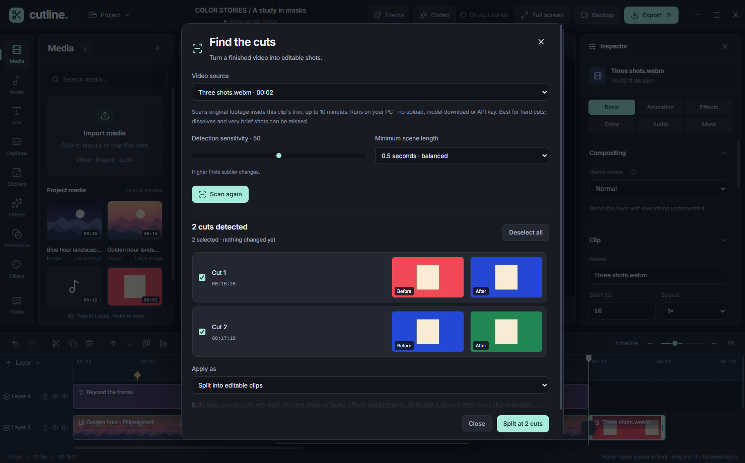 Scene detection review with cut timestamps and before and after thumbnails