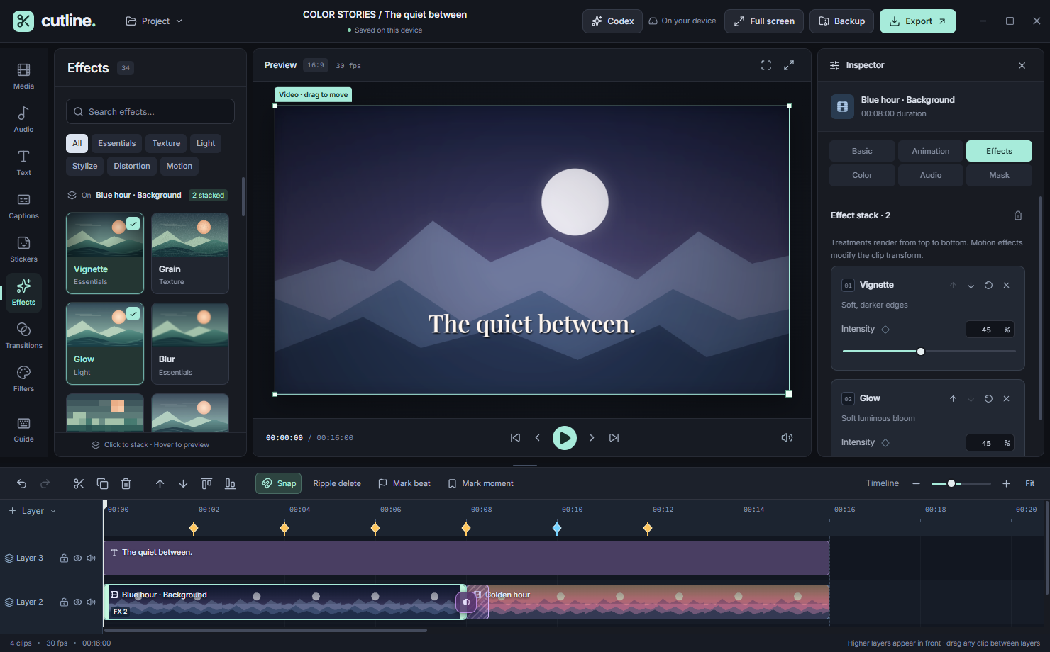 Cutline dark editing workspace with an effects library, preview, inspector and multilayer timeline